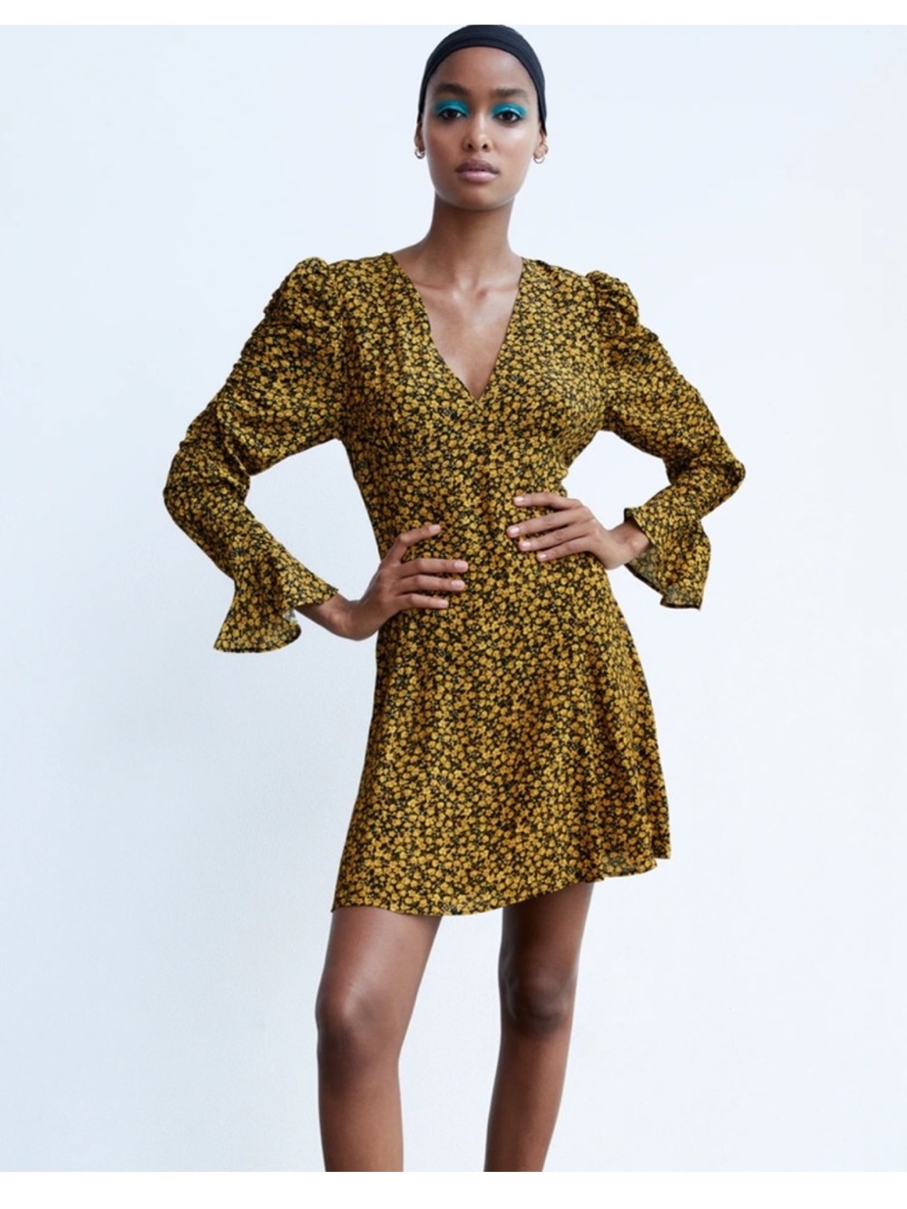 Zara Mustard Floral V-Neck Mini Dress